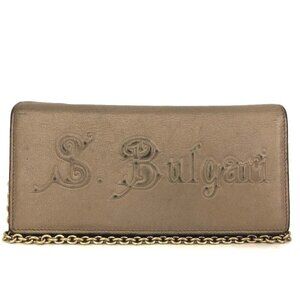 BVLGARI Logo Leather Long Bifold Chain Wallet Brown/6BC0714